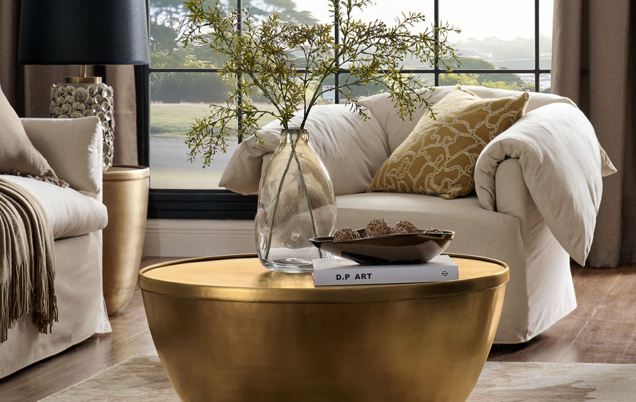 Lila 32 Inch Metal Storage Coffee Table in Burnished Brass