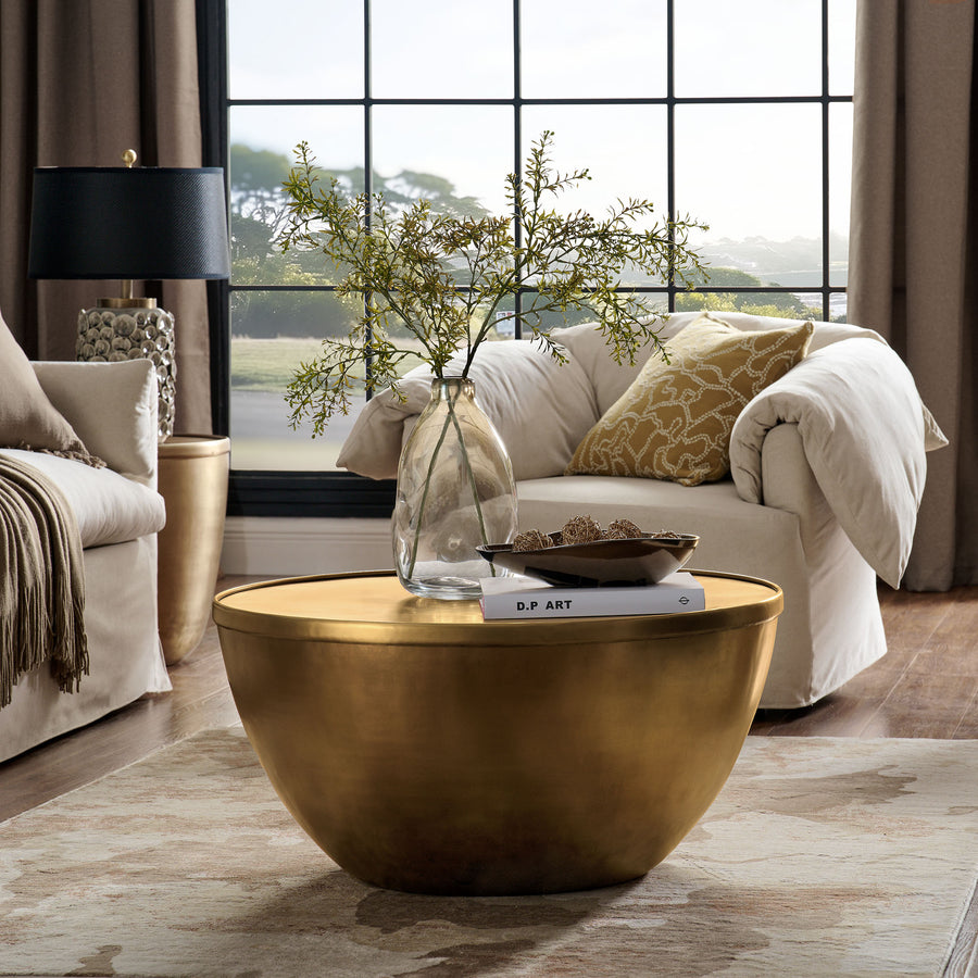 Lila 32 Inch Metal Storage Coffee Table in Burnished Brass