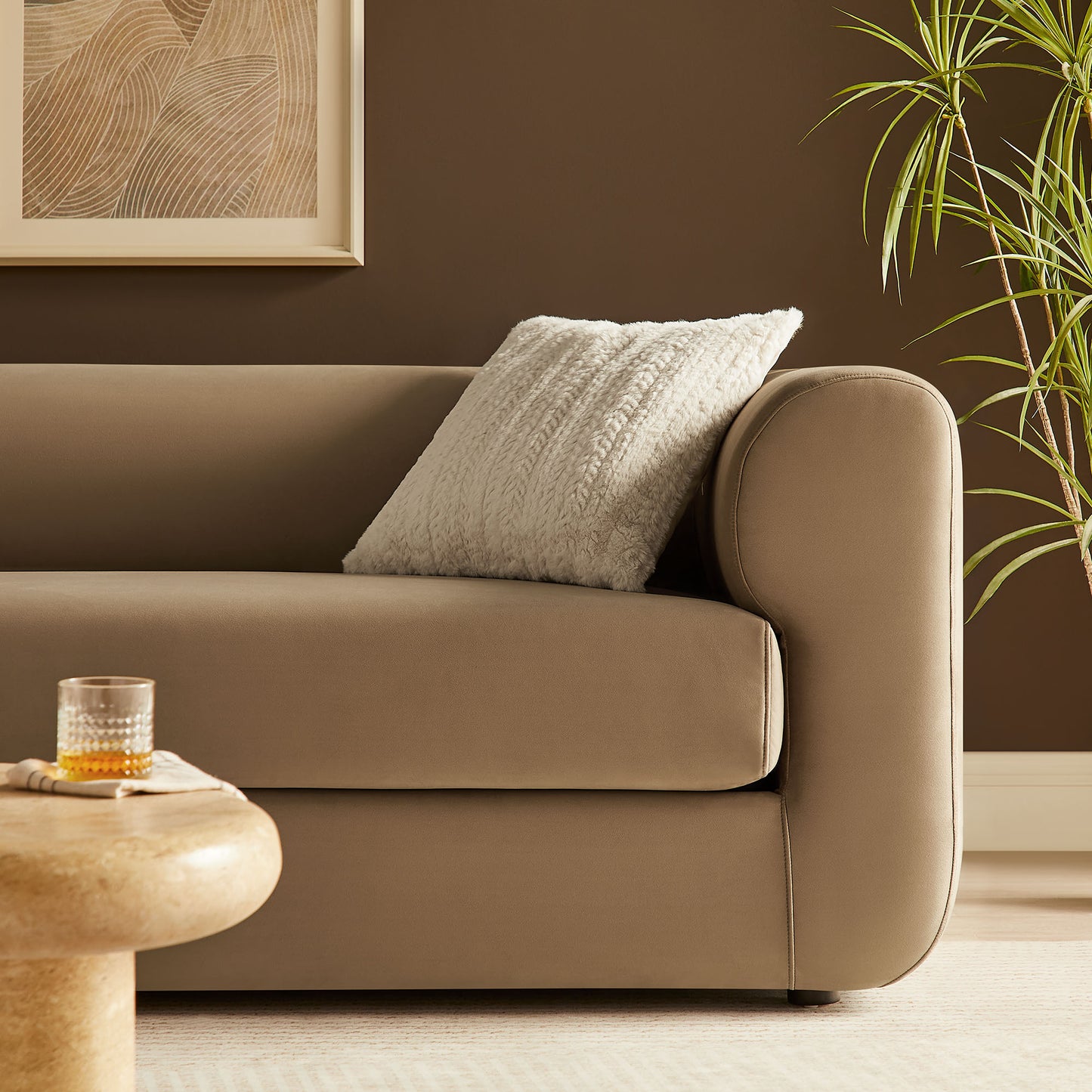 Emrys 89" Performance Velvet Upholstered Sofa in Taupe