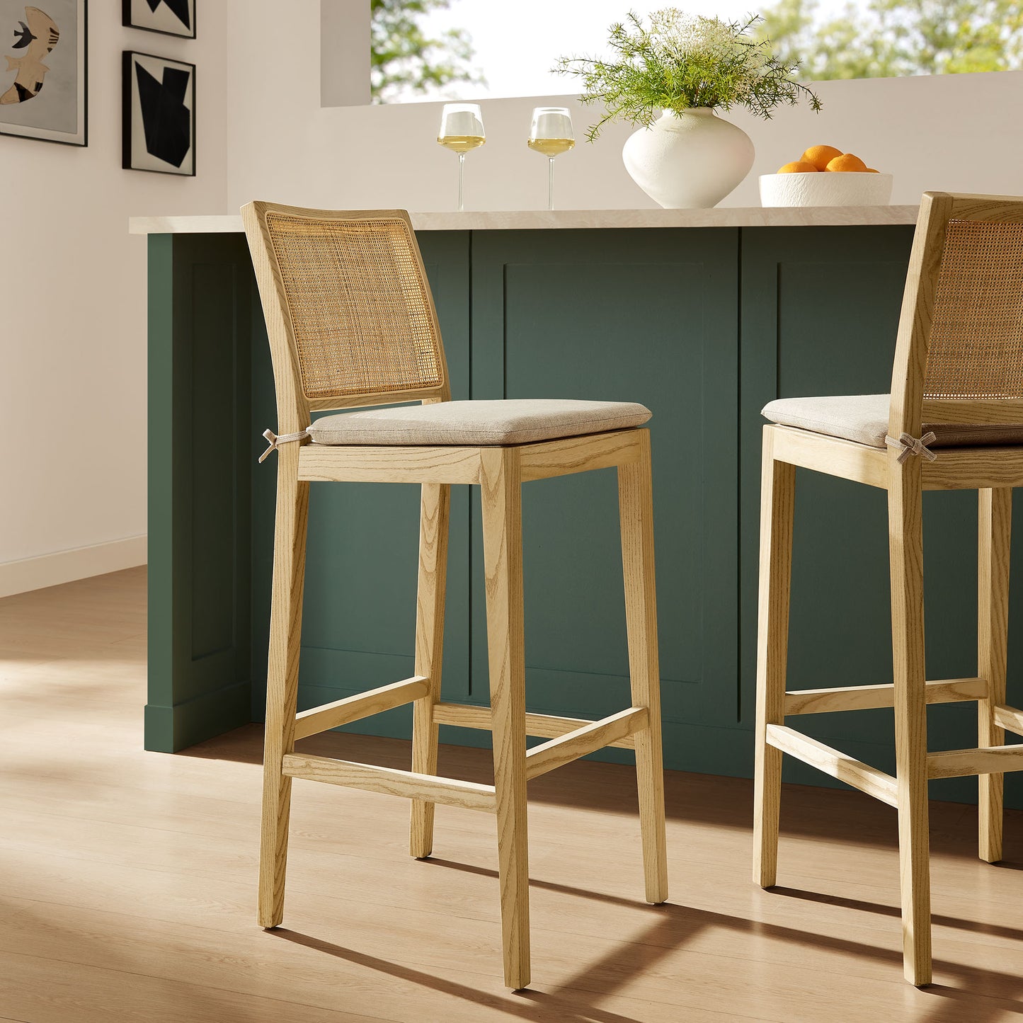 Yucca Wood and Rattan Bar Stool in Natural