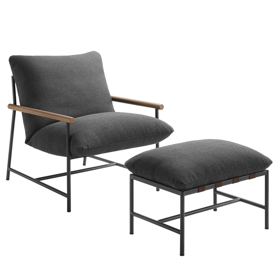 Claret Outdoor Patio Boucle Lounge Chair and Ottoman in Charcoal