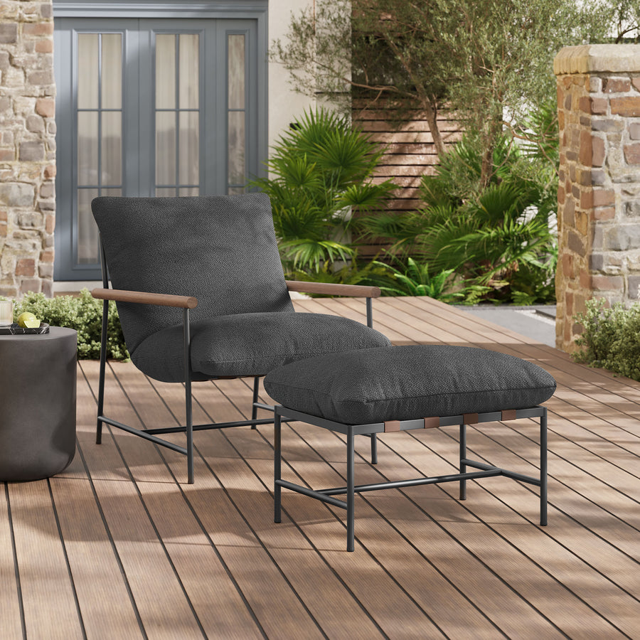 Claret Outdoor Patio Boucle Lounge Chair and Ottoman in Charcoal