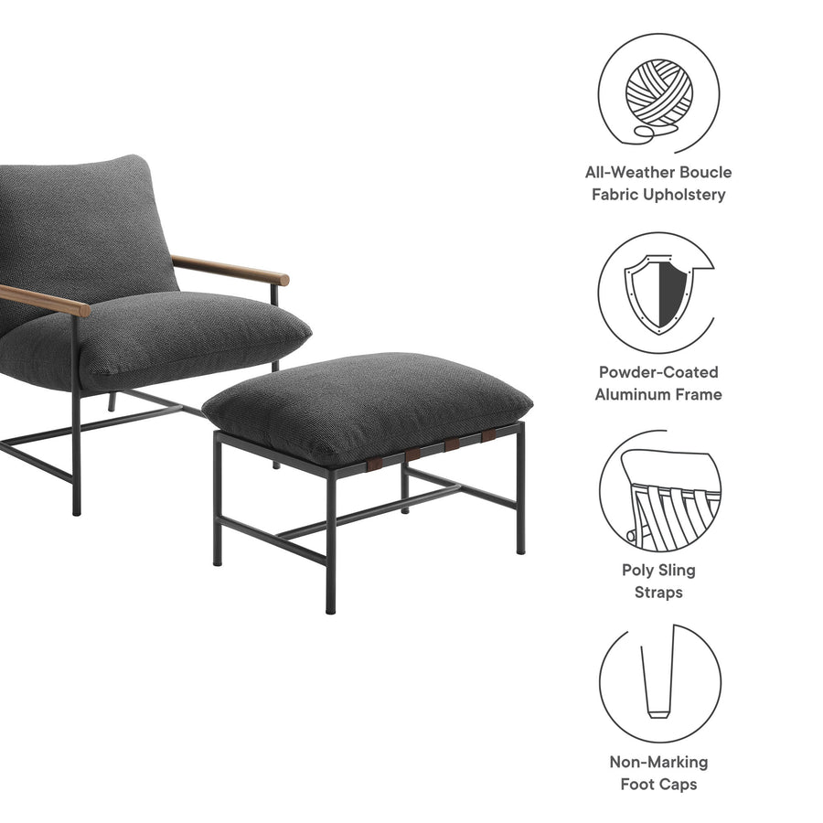 Claret Outdoor Patio Boucle Lounge Chair and Ottoman in Charcoal