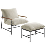 Claret Outdoor Patio Boucle Lounge Chair and Ottoman in Ivory