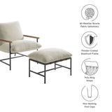 Claret Outdoor Patio Boucle Lounge Chair and Ottoman in Ivory