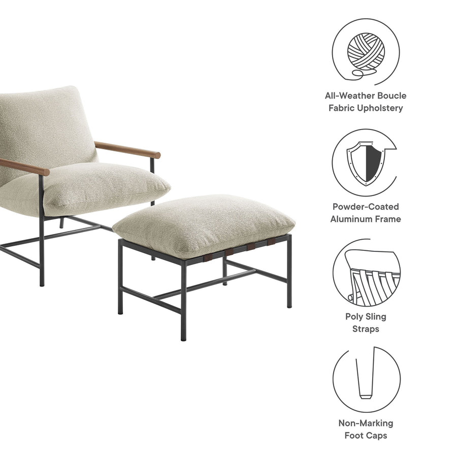 Claret Outdoor Patio Boucle Lounge Chair and Ottoman in Ivory
