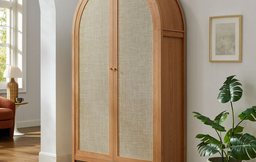 Etesian 79" Tall Wide Rattan Arched Storage Cabinet in Natural