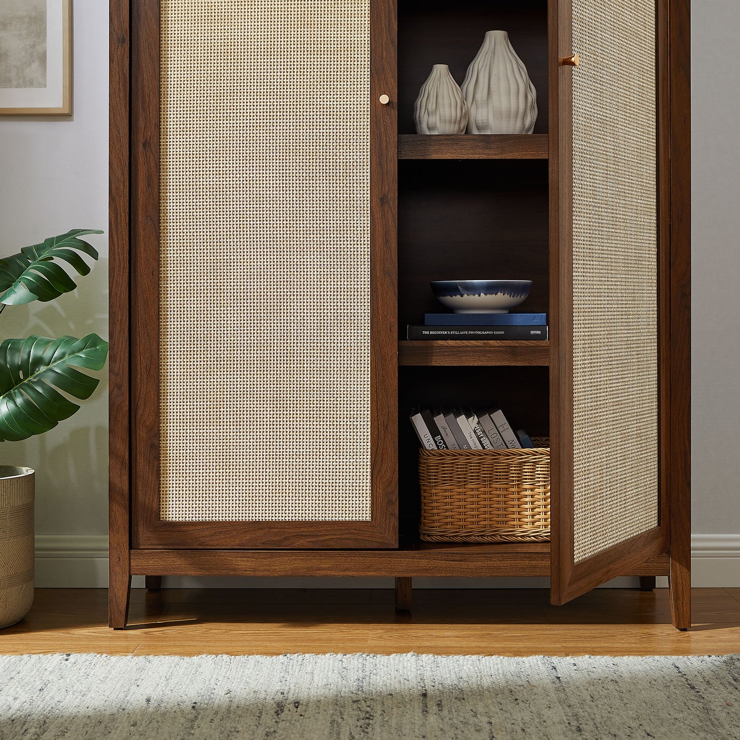 Calista 79" Tall Wide Rattan Arched Storage Cabinet by Furniture For America