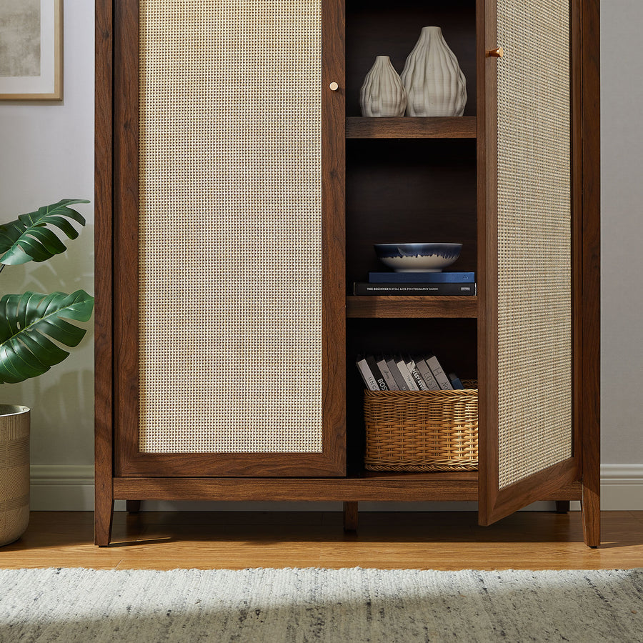 Etesian 79" Tall Wide Rattan Arched Storage Cabinet in Walnut