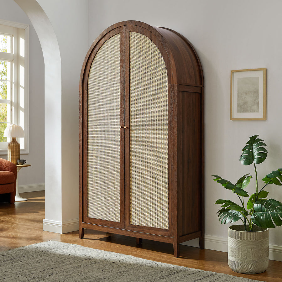 Etesian 79" Tall Wide Rattan Arched Storage Cabinet in Walnut