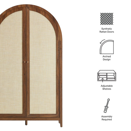 Calista 79" Tall Wide Rattan Arched Storage Cabinet in Walnut