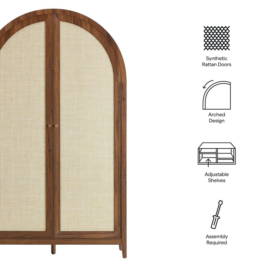 Etesian 79" Tall Wide Rattan Arched Storage Cabinet in Walnut
