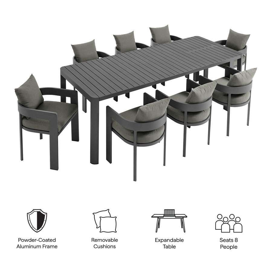 Aspen 9-Piece Outdoor Patio Aluminum Dining Set With Extendable Table in Gray Charcoal