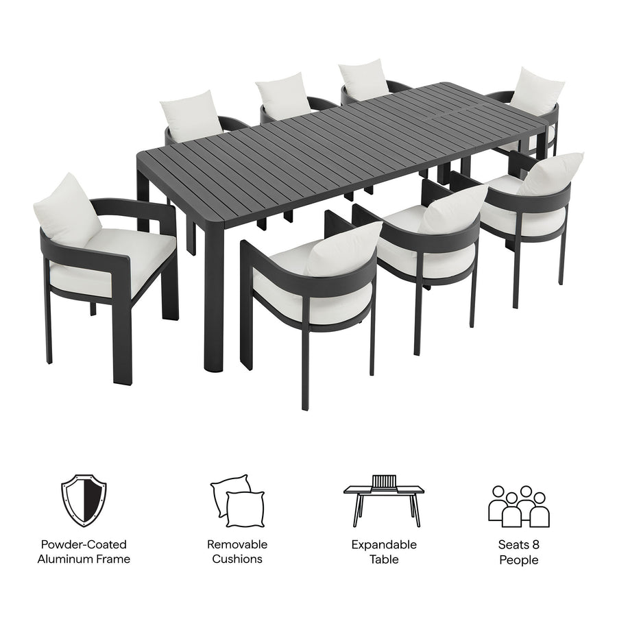 Aspen 9-Piece Outdoor Patio Aluminum Dining Set With Extendable Table in Gray White