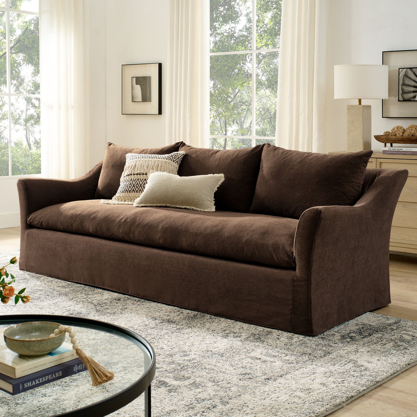 Malbec 92" Linen Blend Slipcovered Sofa in Cocoa