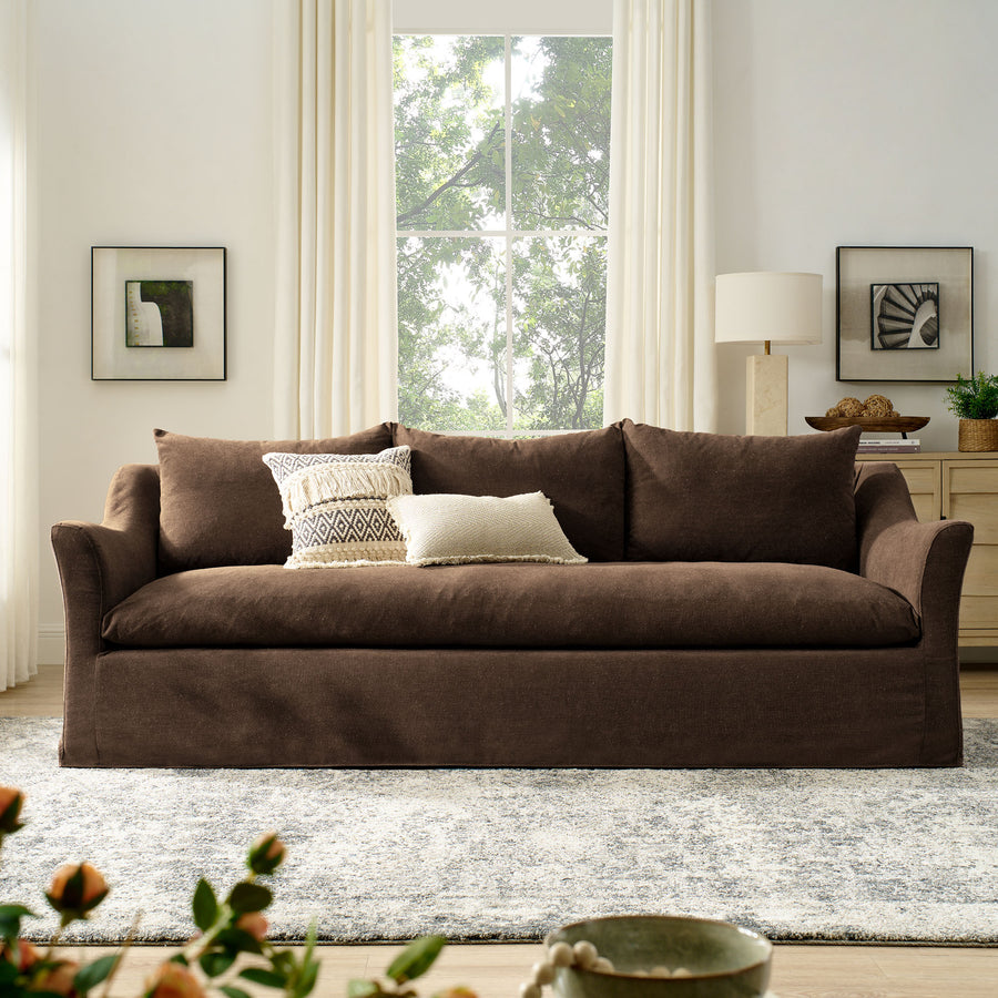 Malbec 92" Linen Blend Slipcovered Sofa in Cocoa