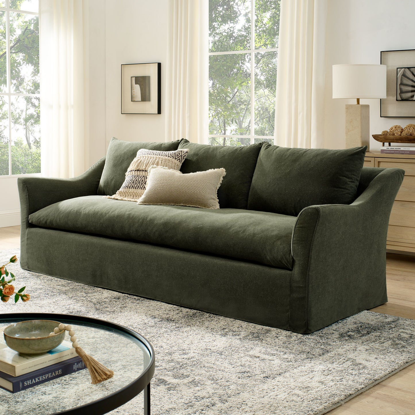 Malbec 92" Linen Blend Slipcovered Sofa in Sage