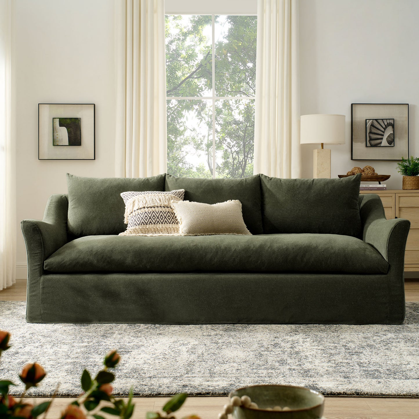 Malbec 92" Linen Blend Slipcovered Sofa in Sage
