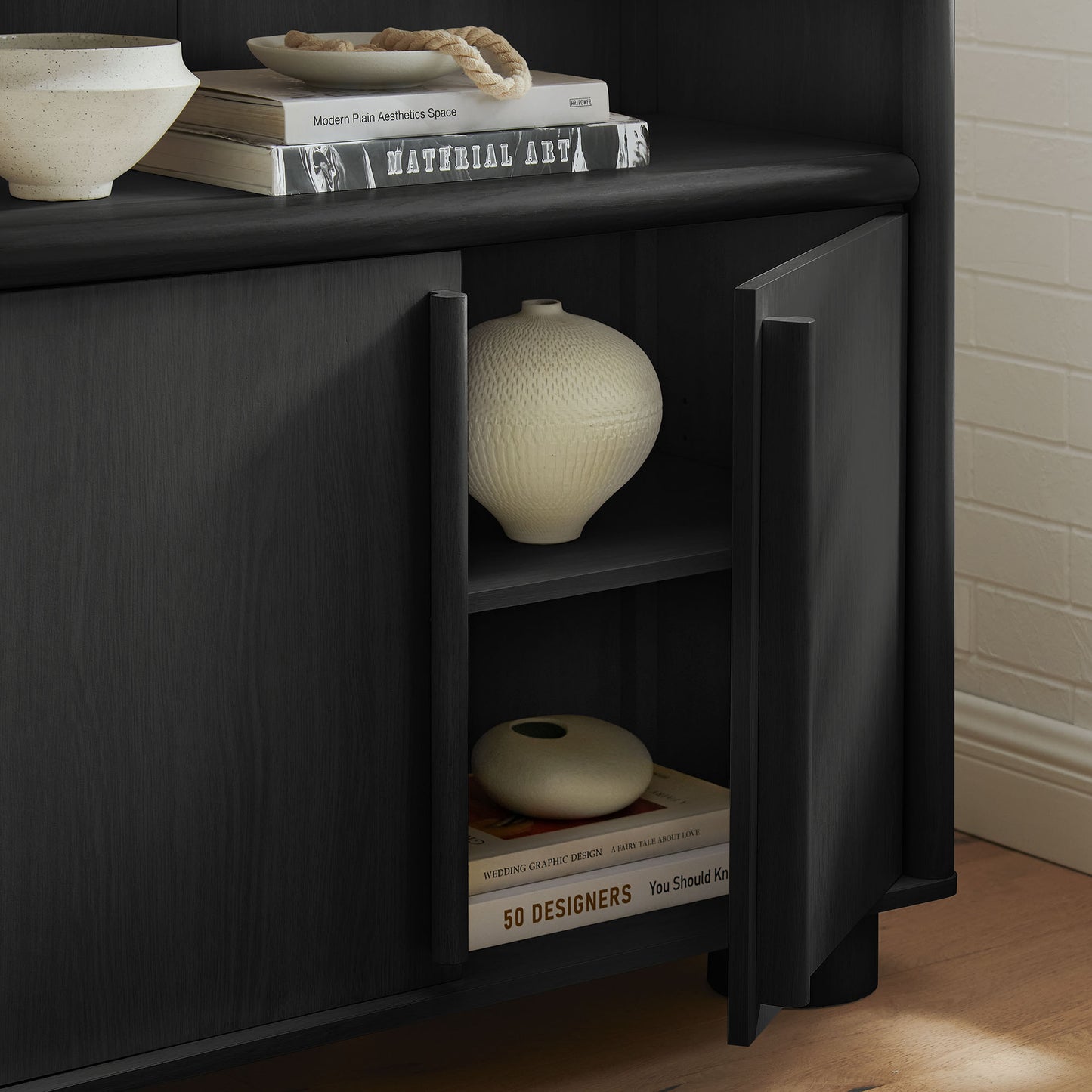 Bamboo Tall Arched Display Cabinet Bookcase in Black Oak