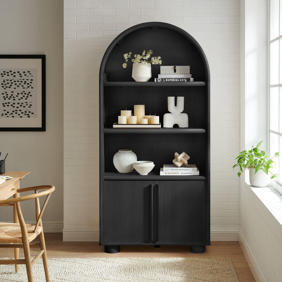 Bamboo Tall Arched Display Cabinet Bookcase in Black Oak