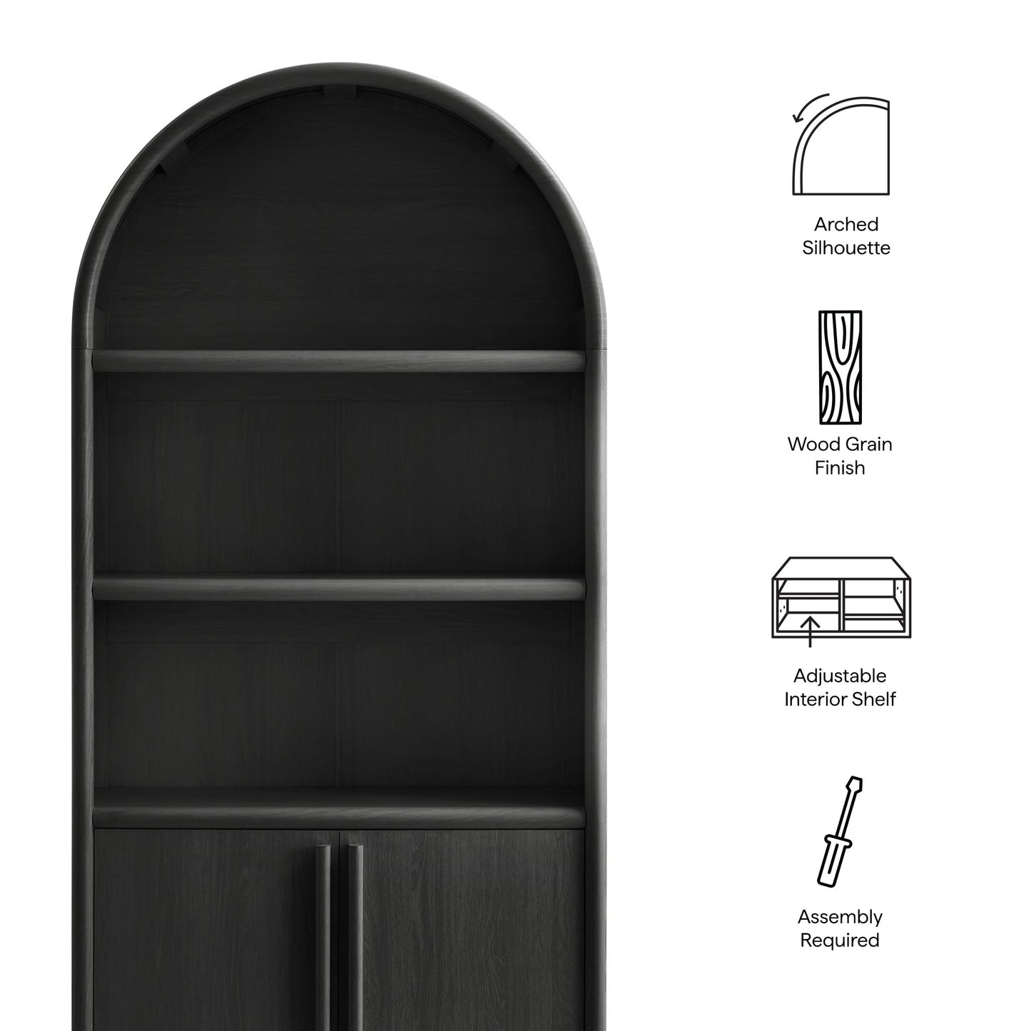 Bamboo Tall Arched Display Cabinet Bookcase in Black Oak