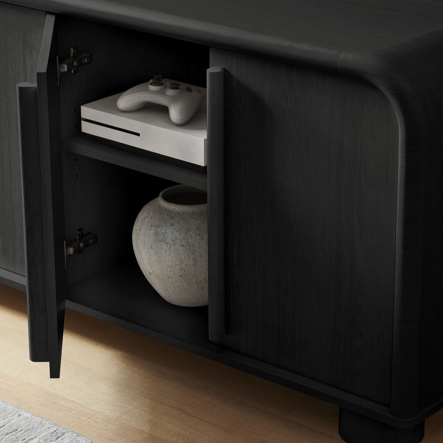 Bamboo Curved 4-Door Sideboard Cabinet in Black Oak
