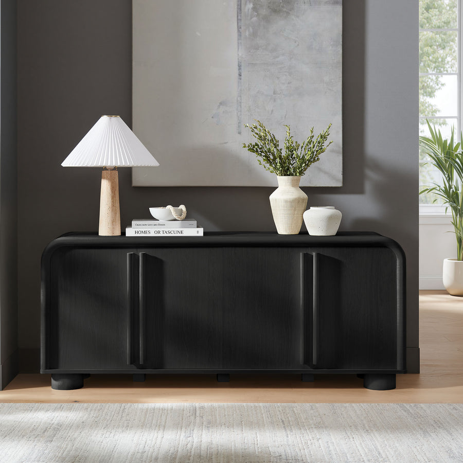 Bamboo Curved 4-Door Sideboard Cabinet in Black Oak