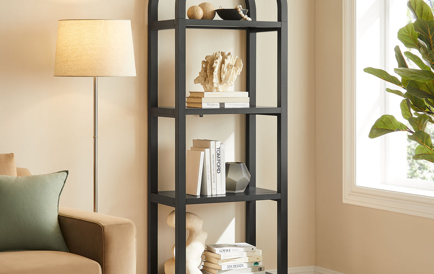 Sercial 72 Inch Tall Narrow Arched Bookshelf in Black