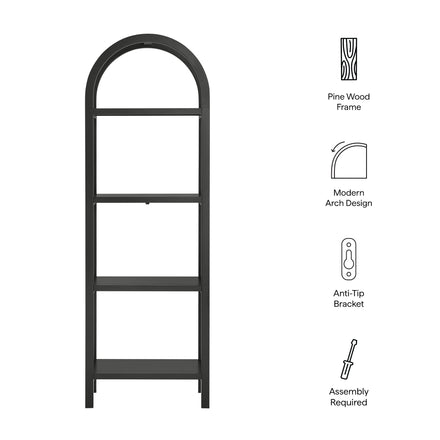 Vexley 72 Inch Tall Narrow Arched Bookshelf in Black