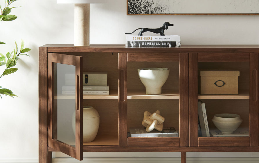 Mastic 72" Glass Door Sideboard Storage Display Cabinet in Walnut