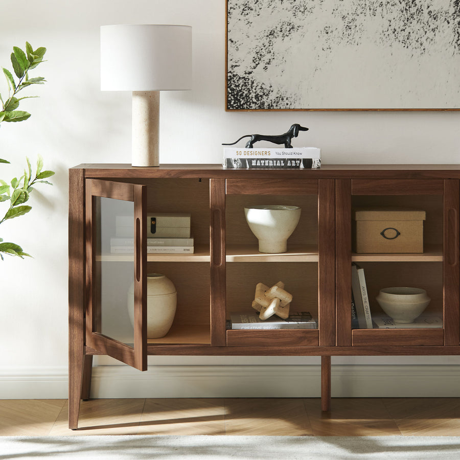 Mastic 72" Glass Door Sideboard Storage Display Cabinet in Walnut