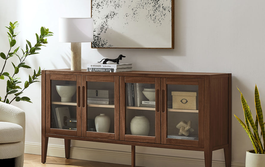 Mastic 72" Glass Door Sideboard Storage Display Cabinet in Walnut