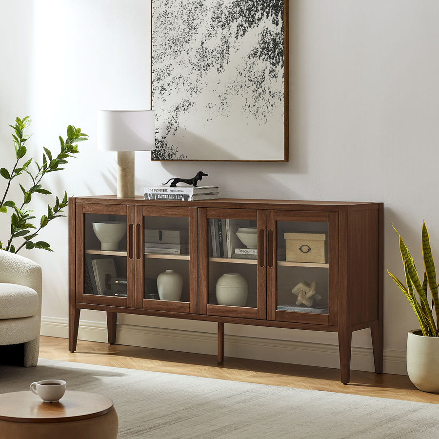 Mastic 72" Glass Door Sideboard Storage Display Cabinet in Walnut