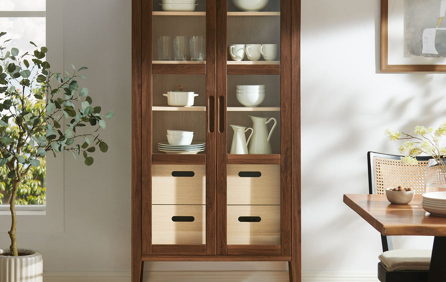 Mastic 71" Glass Door Tall Display Storage Cabinet in Walnut