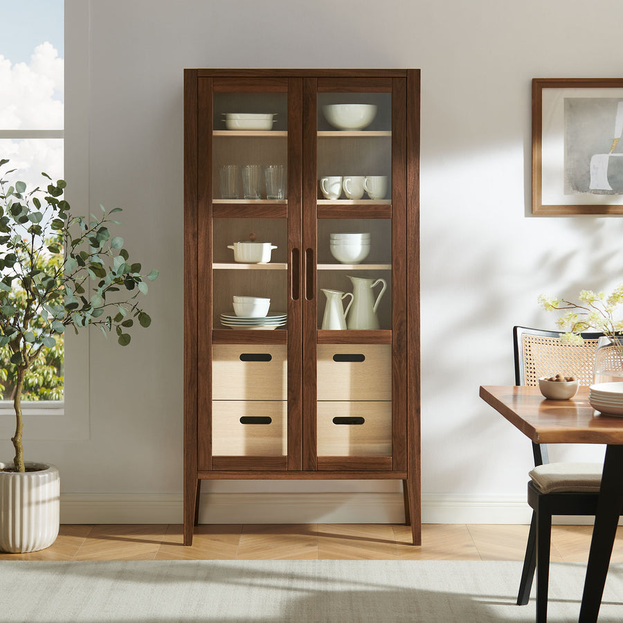 Mastic 71" Glass Door Tall Display Storage Cabinet in Walnut