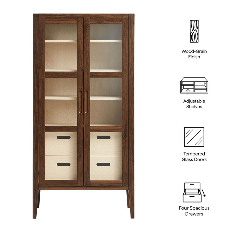 Mastic 71" Glass Door Tall Display Storage Cabinet in Walnut