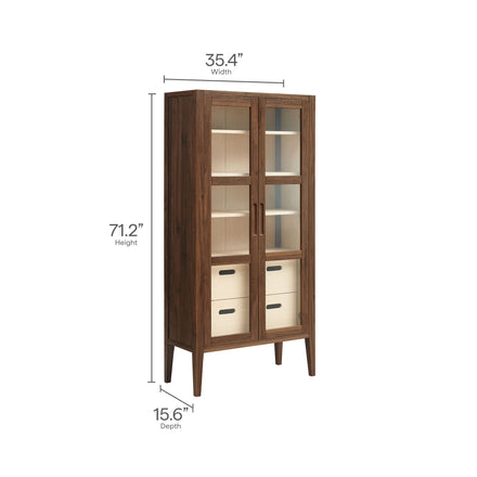 Nell 71" Glass Door Tall Display Storage Cabinet in Walnut