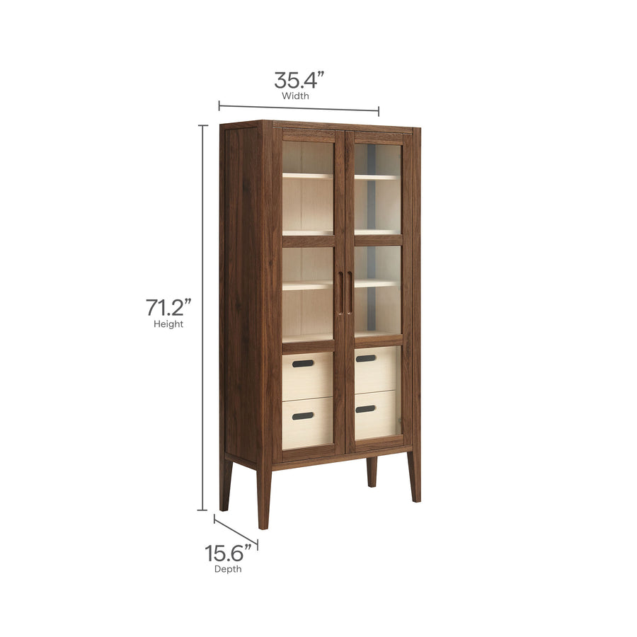 Mastic 71" Glass Door Tall Display Storage Cabinet in Walnut