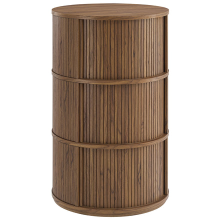 Clement Round Pedestal Stand Storage Table With Sliding Tambour Doors in Walnut