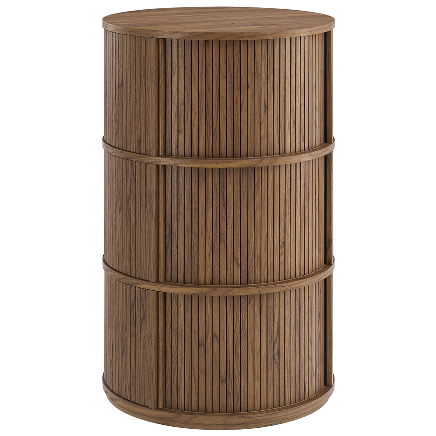 Beatrix Round Pedestal Stand Storage Table With Sliding Tambour Doors in Walnut