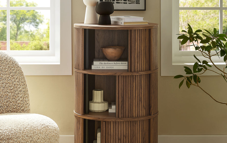 Beatrix Round Pedestal Stand Storage Table With Sliding Tambour Doors in Walnut