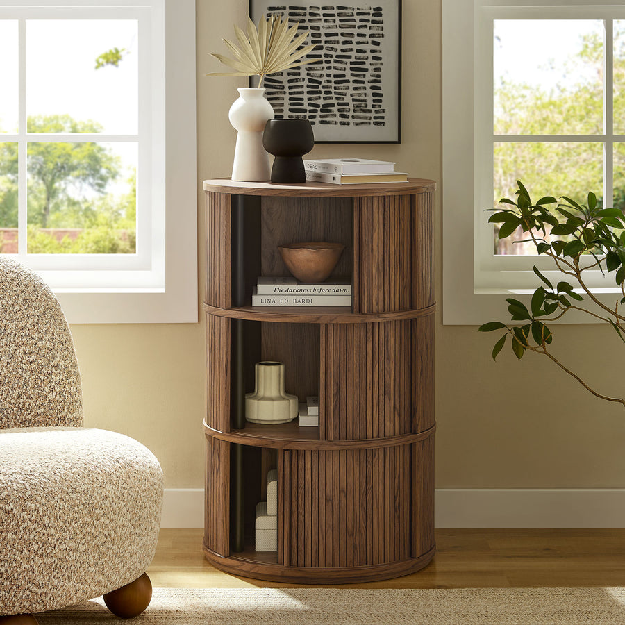Beatrix Round Pedestal Stand Storage Table With Sliding Tambour Doors in Walnut