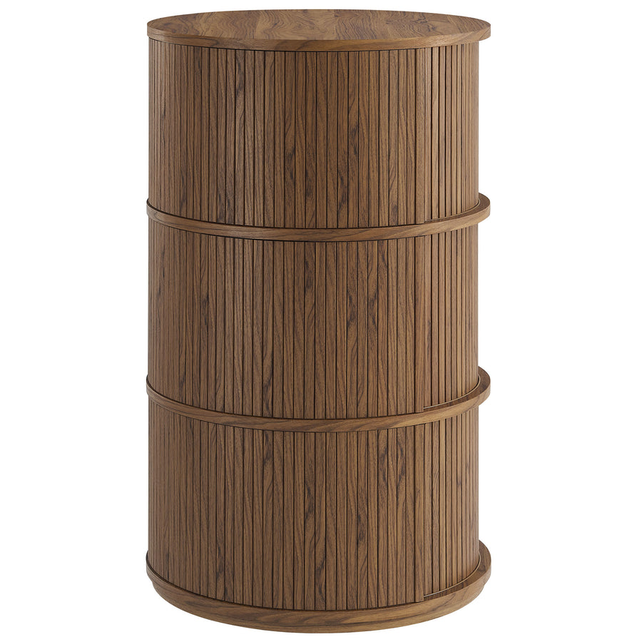 Beatrix Round Pedestal Stand Storage Table With Sliding Tambour Doors in Walnut