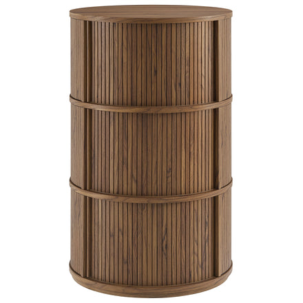 Clement Round Pedestal Stand Storage Table With Sliding Tambour Doors in Walnut