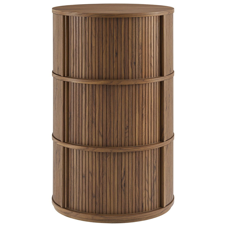 Beatrix Round Pedestal Stand Storage Table With Sliding Tambour Doors in Walnut