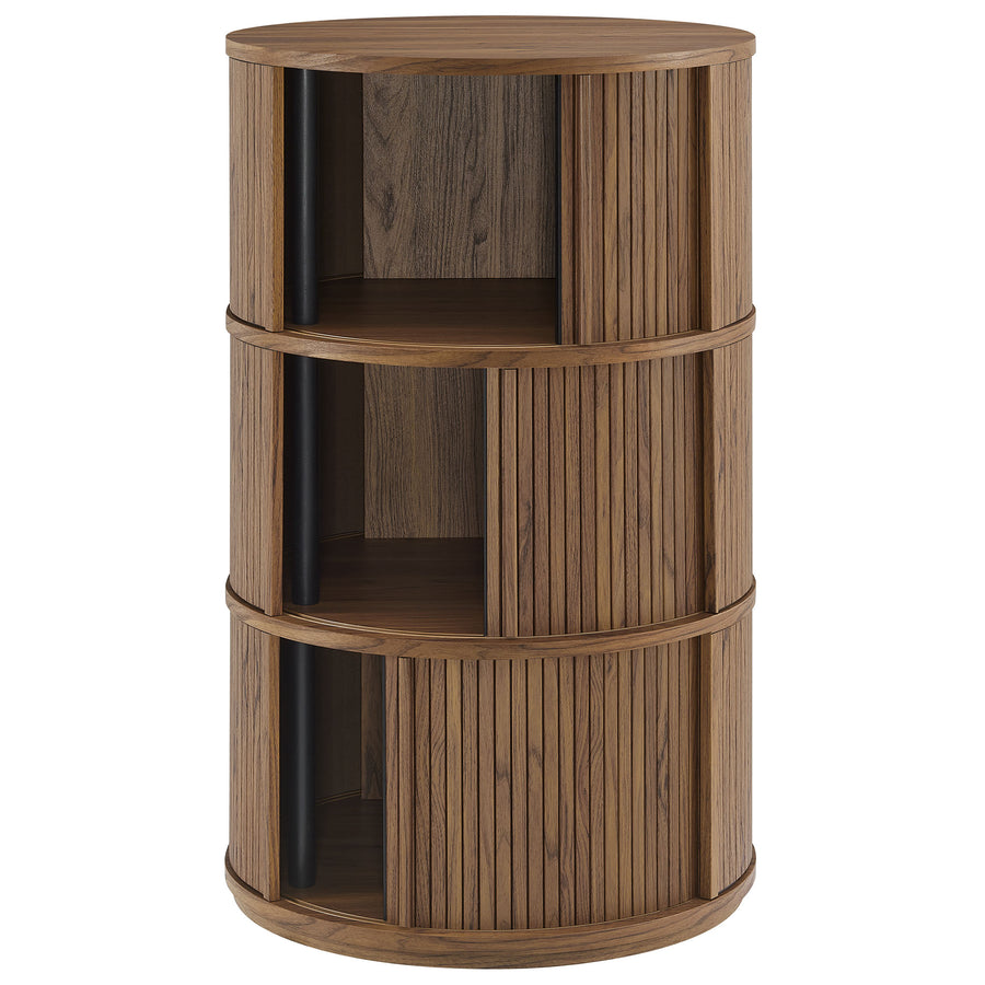 Beatrix Round Pedestal Stand Storage Table With Sliding Tambour Doors in Walnut