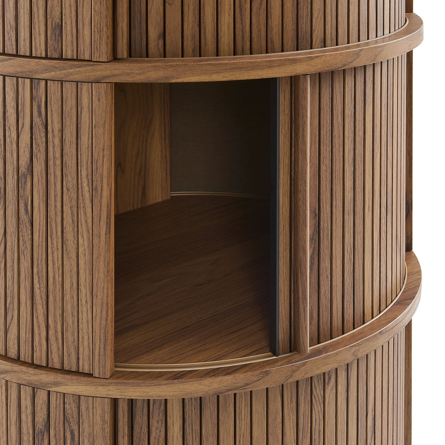 Beatrix Round Pedestal Stand Storage Table With Sliding Tambour Doors in Walnut
