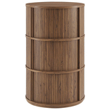 Beatrix Round Pedestal Stand Storage Table With Sliding Tambour Doors in Walnut