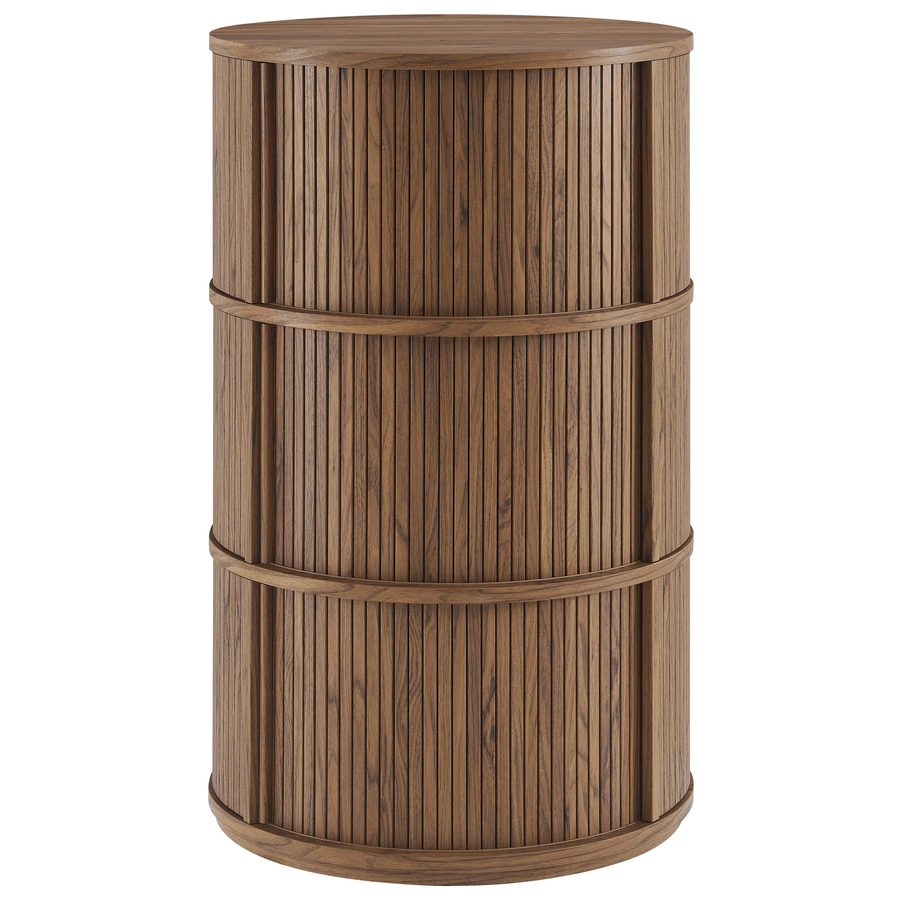 Beatrix Round Pedestal Stand Storage Table With Sliding Tambour Doors in Walnut
