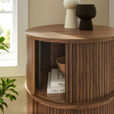 Beatrix Round Pedestal Stand Storage Table With Sliding Tambour Doors in Walnut